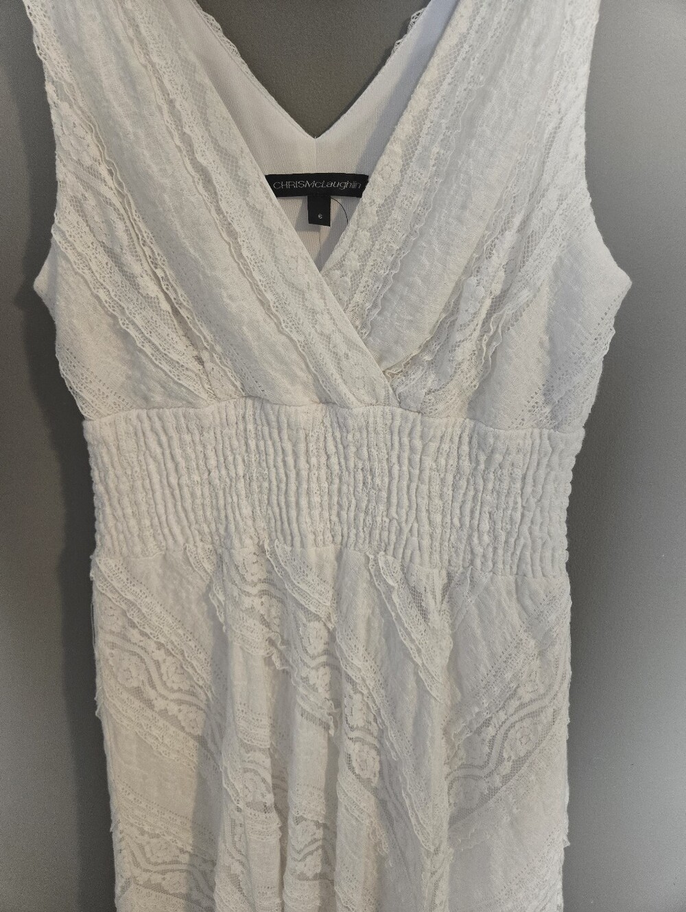 Women's White Eyelet V-Neck Dress Smocked Lace Beachy Resort Wedding Size 6 - Picture 6 of 10